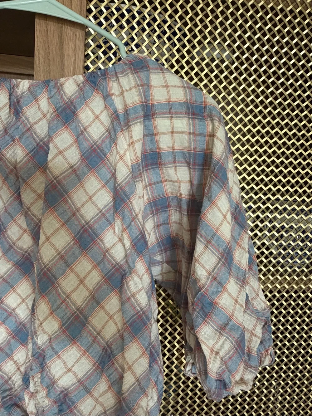 Plaid Puff-Sleeve shirt and skirt in Soft Blue and Cream